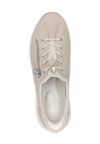 Beige sneaker with textured surface, round toe, and decorative zip on the side. Features flat laces and cushioned insole for comfort.
