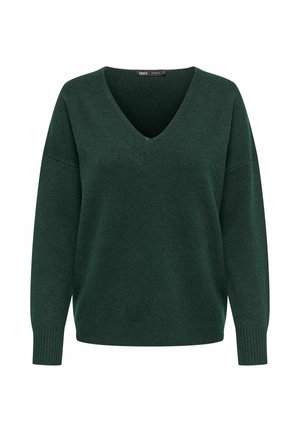 Pull-over vert foncé à manches longues avec col en V et poignets côtelés, présenté sur fond blanc uni.