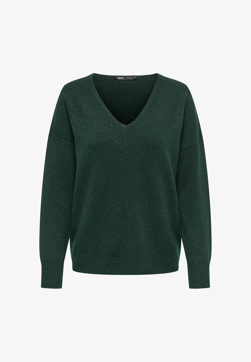Pull-over vert foncé à manches longues avec col en V et poignets côtelés, présenté sur fond blanc uni.