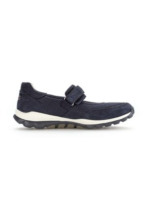 Navy blue athletic shoe with breathable mesh, velcro strap across midfoot, and black and white rubber sole for outdoor walking.