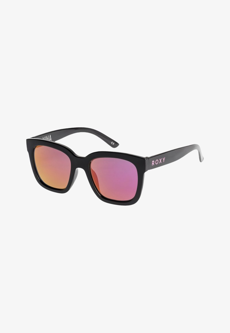 Lunettes de soleil à monture carrée noire avec des verres réfléchissants roses et le logo "ROXY" sur les branches.