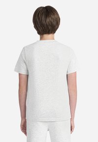T-shirt en coton gris clair à manches courtes, col rond, avec une finition douce et texturée, vu de dos.