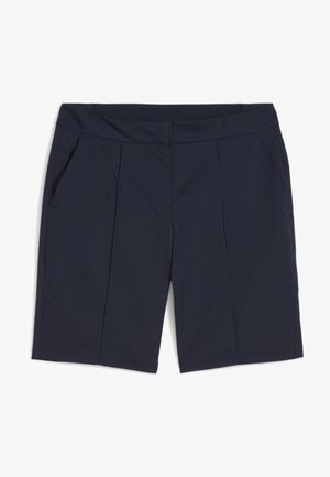 Navy blue shorts made of soft fabric, featuring a flat waistband, front pleats, and two side pockets without visible hardware.