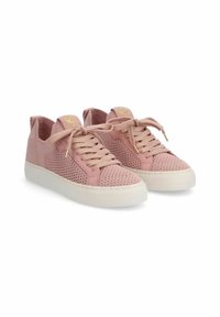 Rosa Mesh-Sneaker mit gewebter Textur, Schnürung vorne, gepolstertem Kragen und weißen Gummisohlen. Goldenes Logo-Detail auf der Lasche.