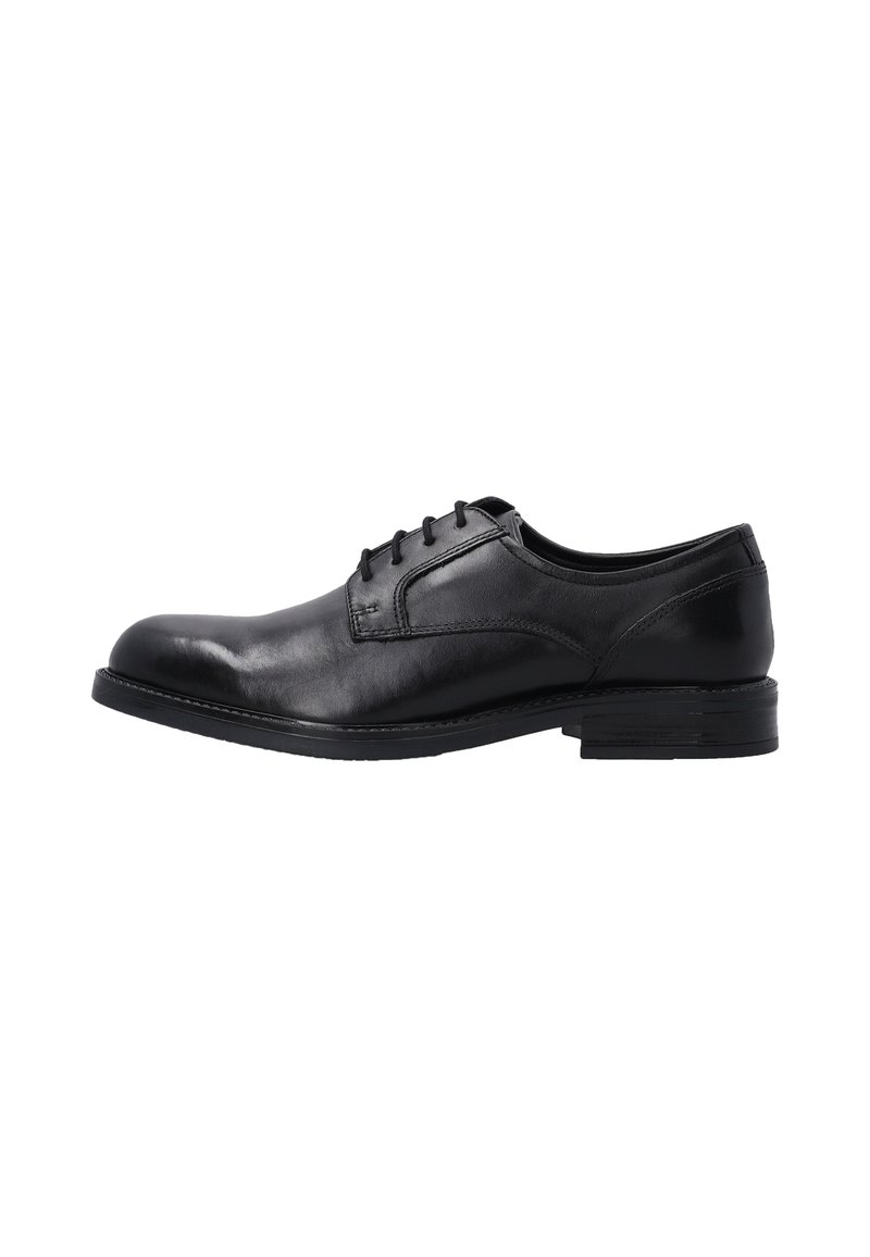 Schwarze Leder-Schnürschuhe mit glatter Textur, runder Zehenform und sechs Ösen für die Schnürsenkel. Flacher Absatz und minimale Nähdetails.