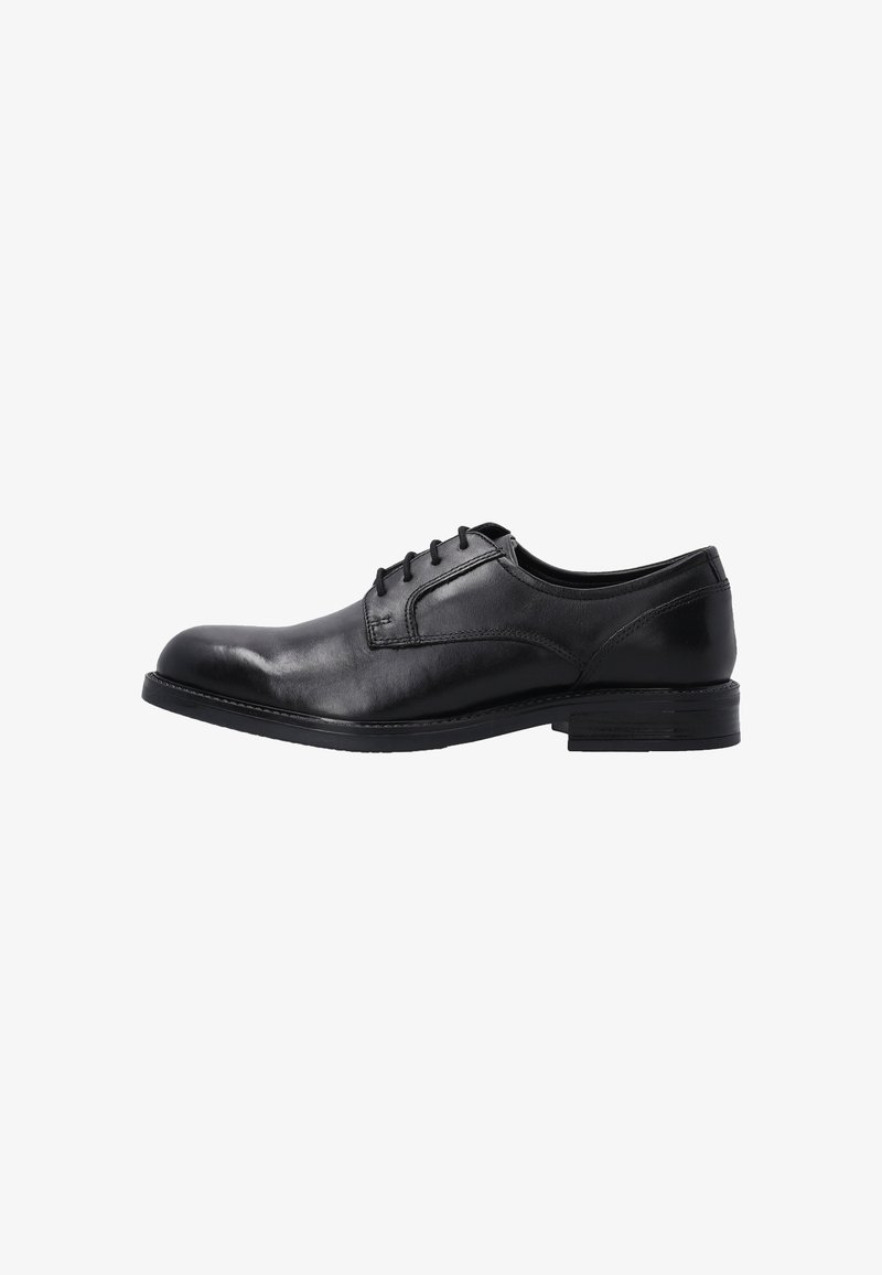 Schwarze Leder-Schnürschuhe mit glatter Textur, runder Zehenform und sechs Ösen für die Schnürsenkel. Flacher Absatz und minimale Nähdetails.