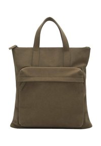 Oliveově zelená taška přes rameno z měkkého materiálu, s dvěma uchy, zipovým uzávěrem a přední kapsou s klopou. Hladký, minimalistický design.