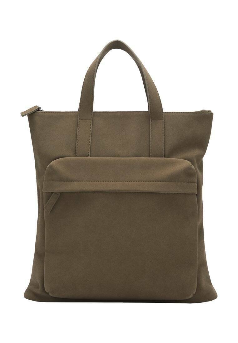 Oliveově zelená taška přes rameno z měkkého materiálu, s dvěma uchy, zipovým uzávěrem a přední kapsou s klopou. Hladký, minimalistický design.