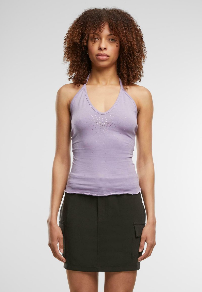 Top halter viola chiaro con scollatura a V, caratterizzato da una linea aderente e piccole paillettes al centro. Il materiale sembra morbido ed elasticizzato.