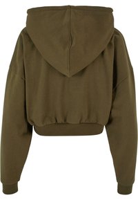 Sweat à capuche court de couleur vert olive avec manches longues, poignets côtelés, taille élastique et capuche, vu de dos.