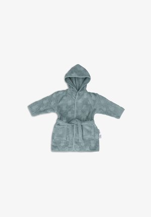 Robe de bain à capuche en teal doux avec un motif texturé, présentant des manches longues, une ceinture assortie et des poches avant.