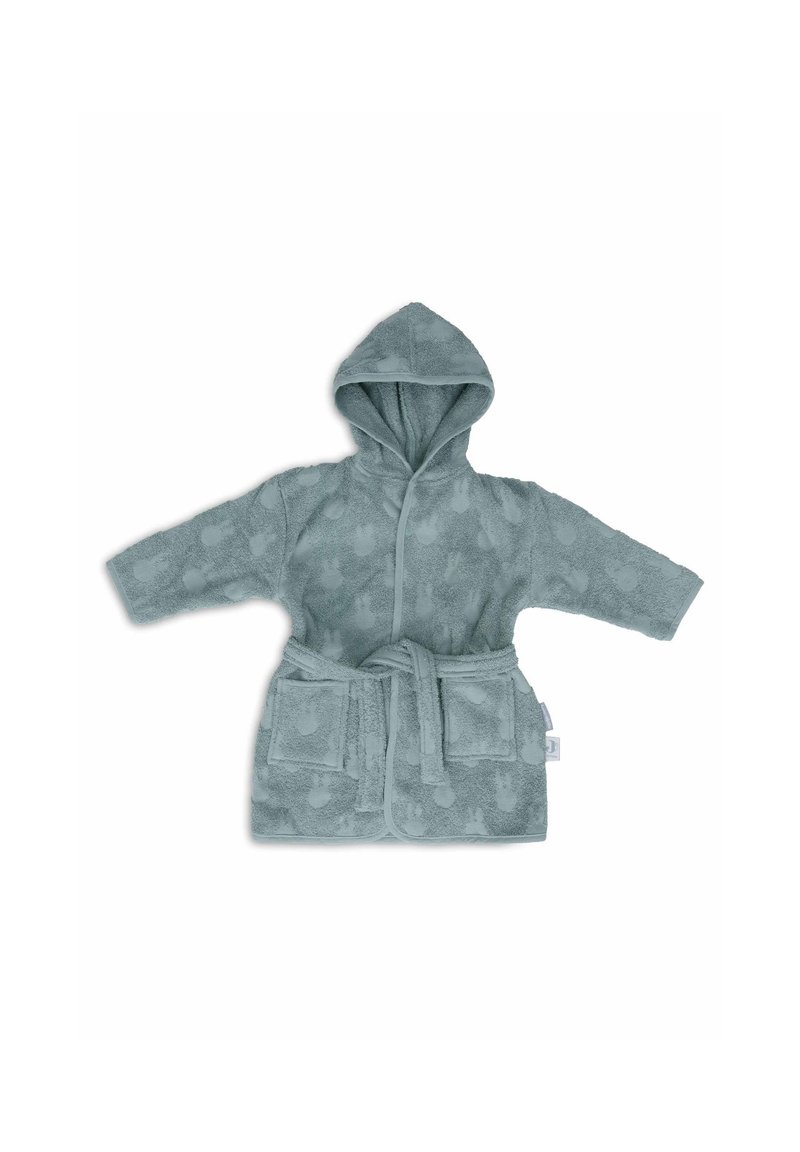 Robe de bain à capuche en teal doux avec un motif texturé, présentant des manches longues, une ceinture assortie et des poches avant.