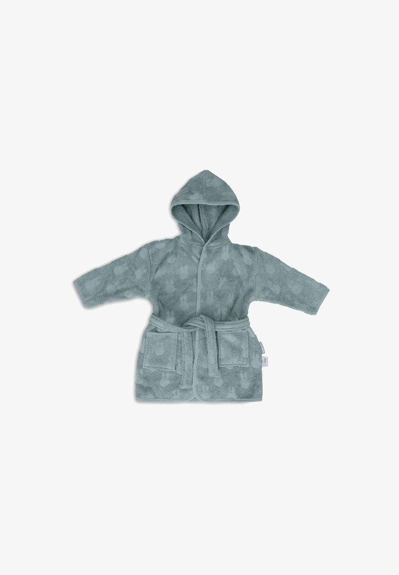 Robe de bain à capuche en teal doux avec un motif texturé, présentant des manches longues, une ceinture assortie et des poches avant.