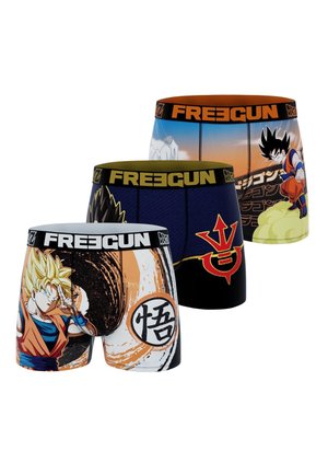 Trois boxers colorés mettant en scène des personnages et symboles de Dragon Ball, chacun avec une ceinture élastique marquée "FREEGUN" en noir, orange et olive.