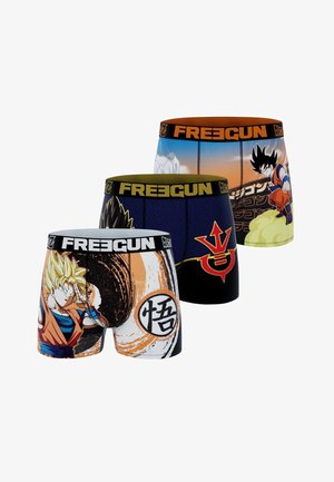 Trois boxers colorés mettant en scène des personnages et symboles de Dragon Ball, chacun avec une ceinture élastique marquée "FREEGUN" en noir, orange et olive.