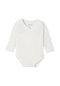 Cremfarbener langärmliger Babybody mit seitlichen Druckknöpfen und lap shoulder Ausschnitt, Größe 3 Monate (60 cm).