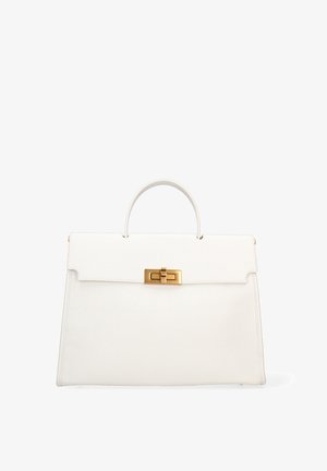 Sac à main en cuir blanc avec un design structuré, doté d'une poignée supérieure et d'un fermoir doré. Texture lisse sans motifs ni accents visibles.