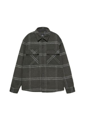 Jachetă cămașă de culoare gri închis cu un model de tartan gri deschis, două buzunare frontale cu clapă și o guler clasic.