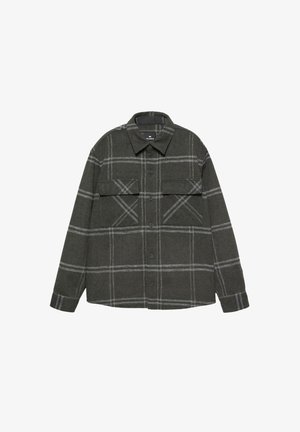 Jachetă cămașă de culoare gri închis cu un model de tartan gri deschis, două buzunare frontale cu clapă și o guler clasic.