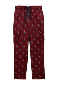 Bordo sporta bikses ar virvi, kuras ir rotātas ar mazām figūrām - lapsām, kas valkā zaļas mēteles un tur lukturi, rādītas plaknē.