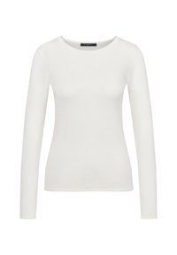 Langärmliges, Rundhals-Oberteil in Weiß, aus glattem, elastischem Stoff gefertigt. Verfügt über eine figurbetonte Silhouette mit minimalen Details.