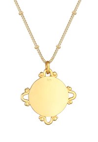 Collana in tonalità oro con un pendente circolare caratterizzato da accenti decorativi e una superficie liscia. Marcata "925" che indica il contenuto di argento.