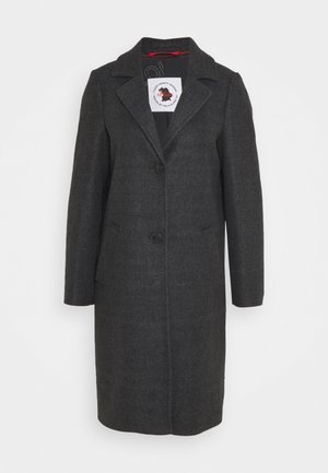 Abrigo largo de lana de color gris oscuro con cuello de solapa, dos botones delanteros y bolsillos laterales, presentado sobre un fondo liso.