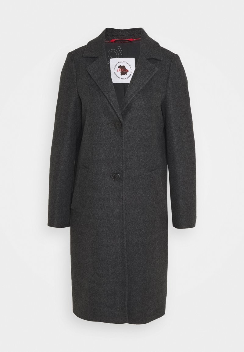 Manteau long en laine gris foncé avec col à revers, deux boutons à l'avant et poches latérales, présenté sur un fond uni.