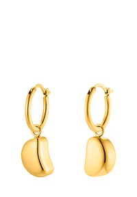 Goldene Creolen mit glatten, abstrakt geformten Anhängern. Die Ohrringe haben eine polierte Oberfläche und einen sicheren Verschluss.