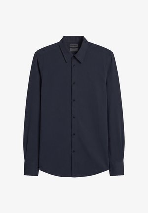 Long-sleeve navy blue button-up shirt with pointed collar and buttoned cuffs, displayed on a plain white background.