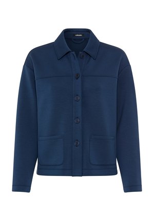 Marineblaue, knöpfbare Jacke mit Kragen, langen Ärmeln, zwei aufgesetzten Fronttaschen und geradem Saum.
