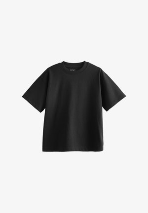 Tricou din bumbac negru, cu guler rotund și mâneci scurte. Prezintă o croială lejeră și o textură netedă, potrivit pentru îmbrăcăminte casuală.