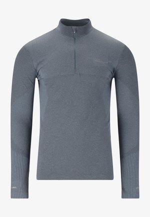 Graues Langarmoberteil mit einem viertel Reißverschluss, das einen strukturierten oberen Bereich, gerippte Akzente an den Ärmeln und ein figurbetontes Design aufweist.