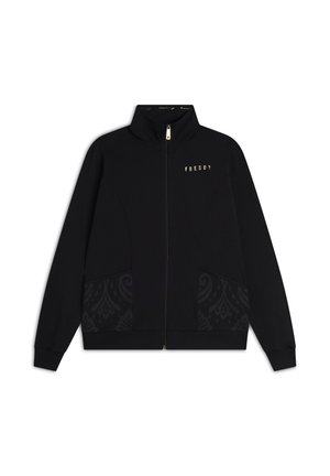 Giacca nera con zip e colletto alto, con logo dorato "FREDDY" e dettagli a motivo nero strutturato sulle tasche. Tessuto dalla consistenza liscia.