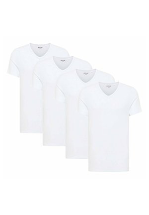 Four plain white V-neck short-sleeve T-shirts arranged in a staggered row on a white background.