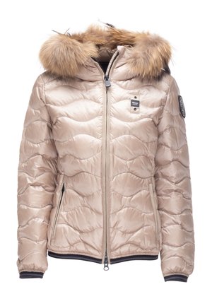 Giacca puffer di colore beige chiaro con cappuccio in pelliccia sintetica. Presenta un design trapuntato, chiusura con zip e polsini e orlo a costine. Include un accento con logo.