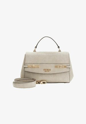 Sac à main structuré beige avec un extérieur texturé, des accents dorés, une poignée supérieure et une bandoulière réglable. Dispose d'une fermeture magnétique.