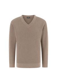 Pull en maille beige côtelée avec manches longues et col en V, design uni, avec ourlet et poignets ajustés.