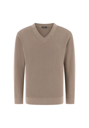Maglione beige a costine con maniche lunghe e scollo a V, design semplice e orlo e polsini aderenti.