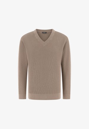 Beežika keritud soonikkoes kampsun, millel on pikad varrukad ja V-kaelus, lihtne disain ning kroogitud äär ja mansetid.