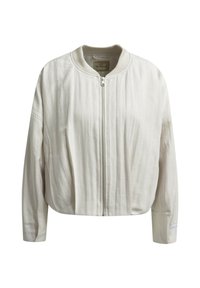 Light beige cropped bomber jacket with a zip closure, ribbed collar, and relaxed fit. Smooth texture and minimalistic design.