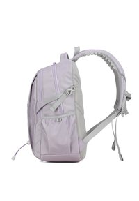 Zaino viola e grigio con molteplici scomparti con cerniera, dettagli in rete, spallacci imbottiti e dettagli elastici sul retro per un supporto ottimale.