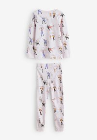 Medvilninė pižamos komplektas, turintis šviesiai violetinę pagrindą su žaismingu, įvairiais pozomis iliustruotų figūrų raštu. Ilgomis rankovėmis viršus su derančiomis kelnėmis.