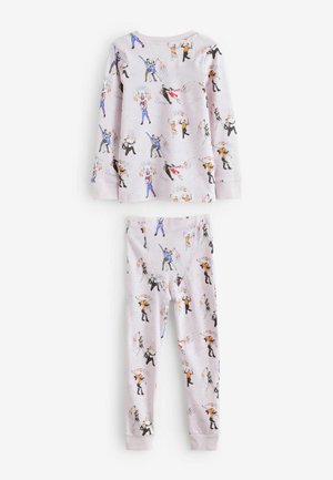 Conjunto de pijama de algodón con base lila claro y un patrón divertido de figuras ilustradas en varias posiciones. Camiseta de manga larga con pantalones a juego.