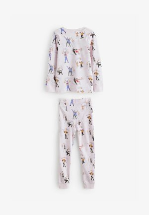Baumwoll-Pyjama-Set mit einem hellvioletten Grundton und einem verspielten Muster aus illustrierten Figuren in verschiedenen Posen. Langärmliges Oberteil mit passenden Hosen.