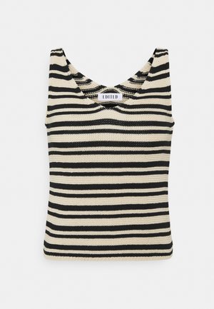 Gestreiftes Strick-Top in Schwarz und Creme. Verfügt über einen runden Ausschnitt und Schulterriemen. Die Textur ist locker gestrickt mit horizontalen Streifen.