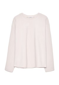 Jasnoróżowy sweter z okrągłym dekoltem, długimi rękawami i luźnym krojem. Miękka faktura z lekko krótkim dołem.