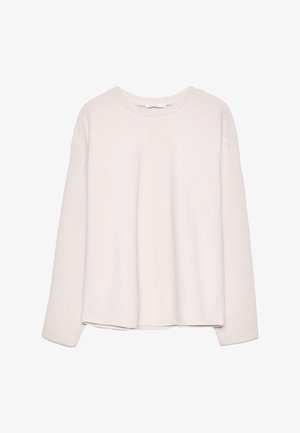 Jasnoróżowy sweter z okrągłym dekoltem, długimi rękawami i luźnym krojem. Miękka faktura z lekko krótkim dołem.