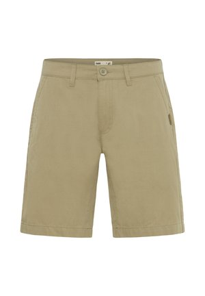 Shorts en coton beige avec une coupe droite, deux poches avant, une fermeture à bouton et des détails de couture discrets au niveau de l'ourlet.