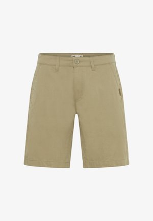 Shorts en coton beige avec une coupe droite, deux poches avant, une fermeture à bouton et des détails de couture discrets au niveau de l'ourlet.